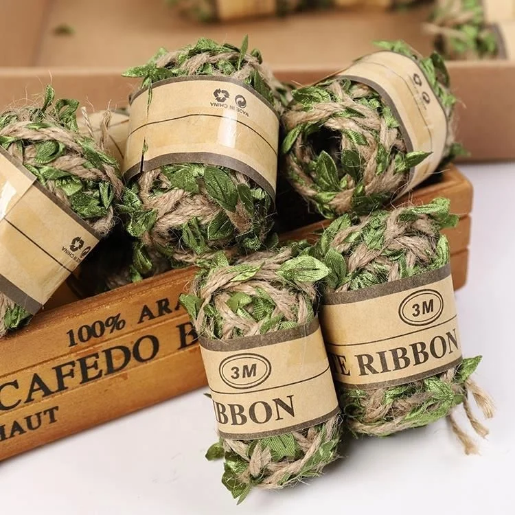 24PCS Natural Jute Twine Ribbon With Artificial Green Leaves for Wedding Home Garden