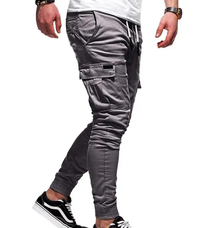 Men's new casual pants Youth fashion trend pure color rope men's sports large size cargo pants