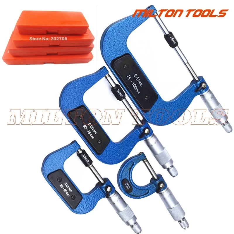 4pcs Electronic Outside Micrometer Kit 0-100mm Metric Outside Micrometers Thickness Gauge Measuring Calipers with Case 