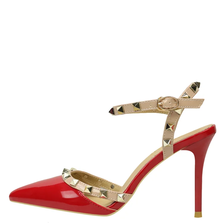 Slotted Tape WithPatent Leather Pointed Rivethigh Heels