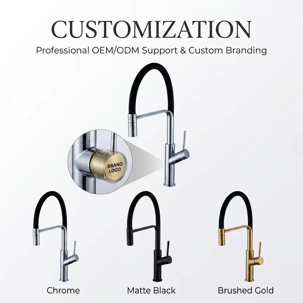Mounted flexible hose kitchen faucet in use Installation view of brass kitchen faucet on sink