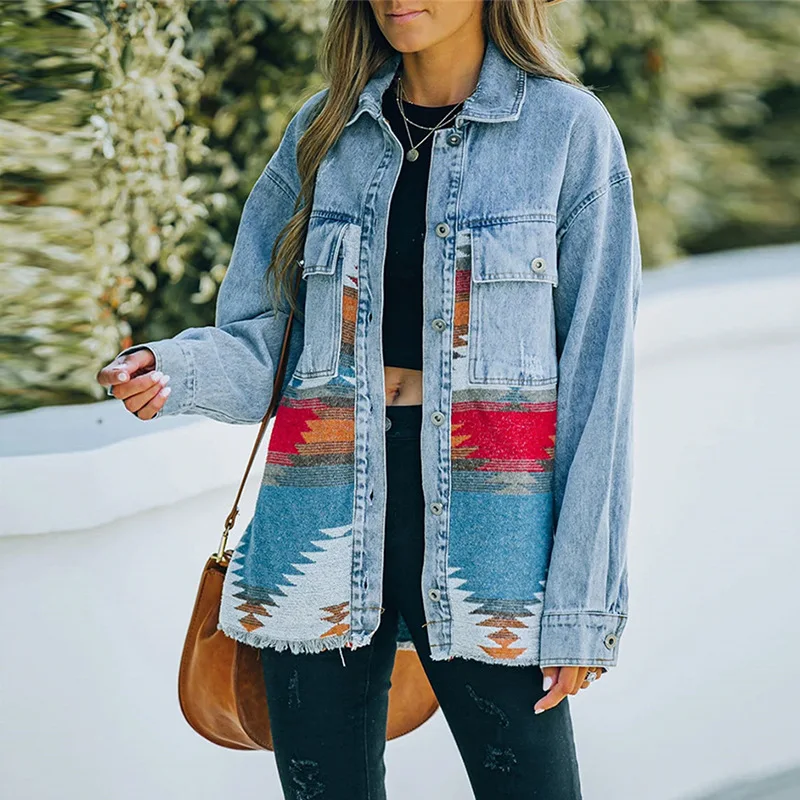 Western Custom Long Sleeve Loose Shacket Boho Outerwear Vintage Denim Aztec Jacket for Women