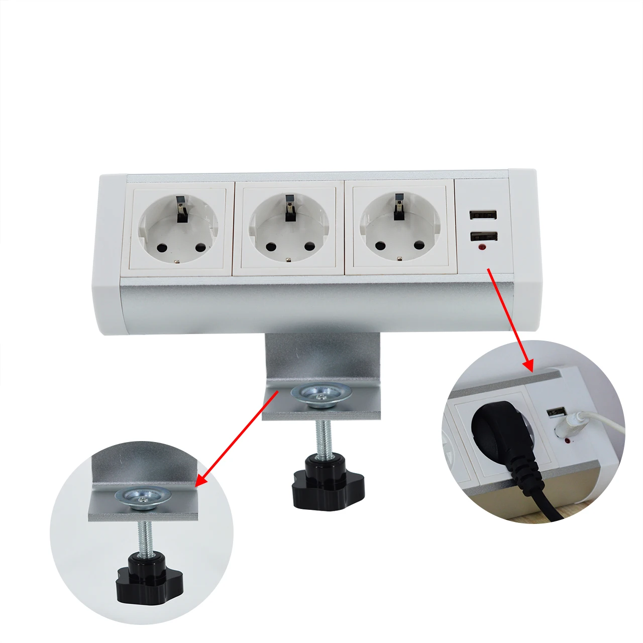 2024 Dual USB Tabletop Socket With Hot Clamp Conference Clamp Table Socket With 3 AC Outlets IP44 Level 5A Rated Current