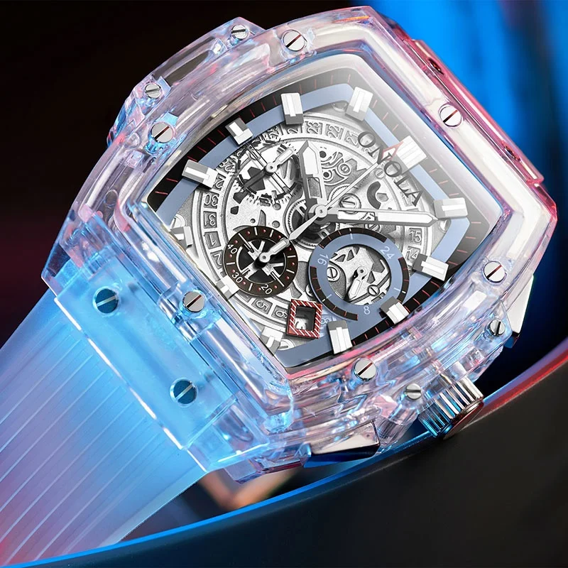 Top Brand Original ONOLA 6811 Oval Fashion Silicone Glass Sports Transparent Luminous Chronograph Quartz Watch for Men
