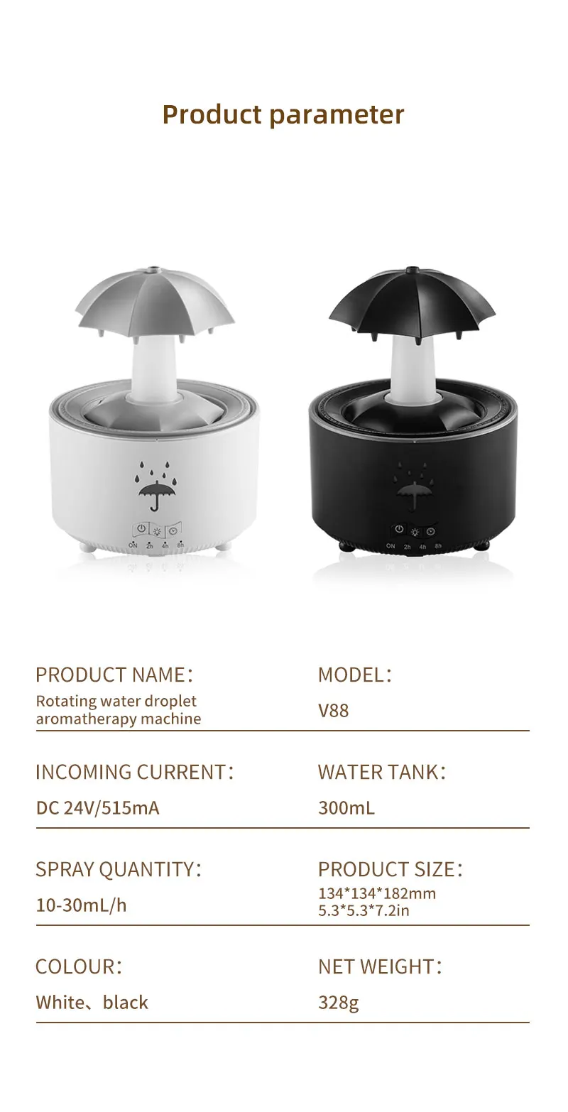 Seven Color Lighting Rotating Aroma Diffuser Essential Oil Aromatherapy Raindrop Air Humidifier with Umbrella for Household