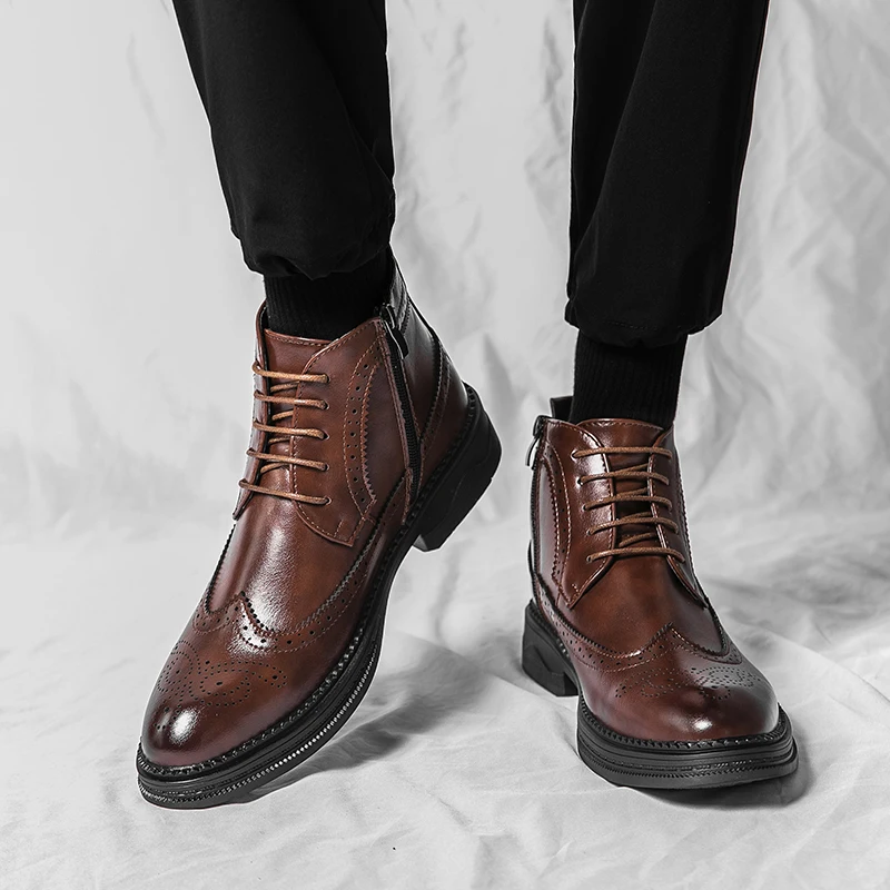 Customized Genuine Leather New Style Heeled Ankle Men Dress Boots Shoes  Pointed Toe Laser Hole Business Gentlemen Boots