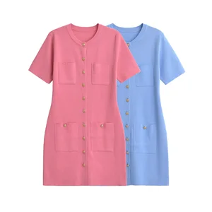 Women's Fashion Summer Sweater Dresses Elegant Short Sleeve O Neck Sheath Knitting Dress Vestidos Female Clothing