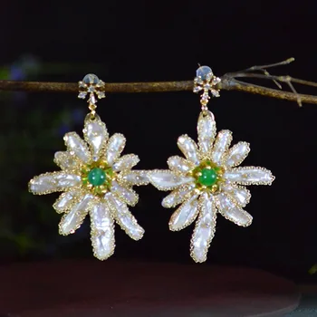 Aimgal fine jewelry S925 silver ear pins 4A Zirconia Jade Snowflake Baroque Freshwater Pearl Flower Earrings