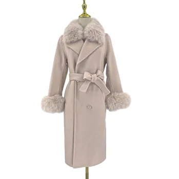 Black Friday Sale QIUCHEN- QC19054 Winter Fashion Woman lamb Cashmere Outwear Real Fox Fur Collar Wool Fur Coat