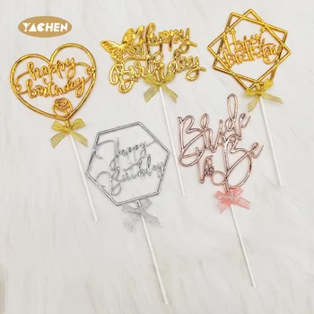 YACHEN Luxury Gold Birthday Cake Decoration Plastic PP Happy Birthday Cake Toppers Party Baking Decoration Supplies