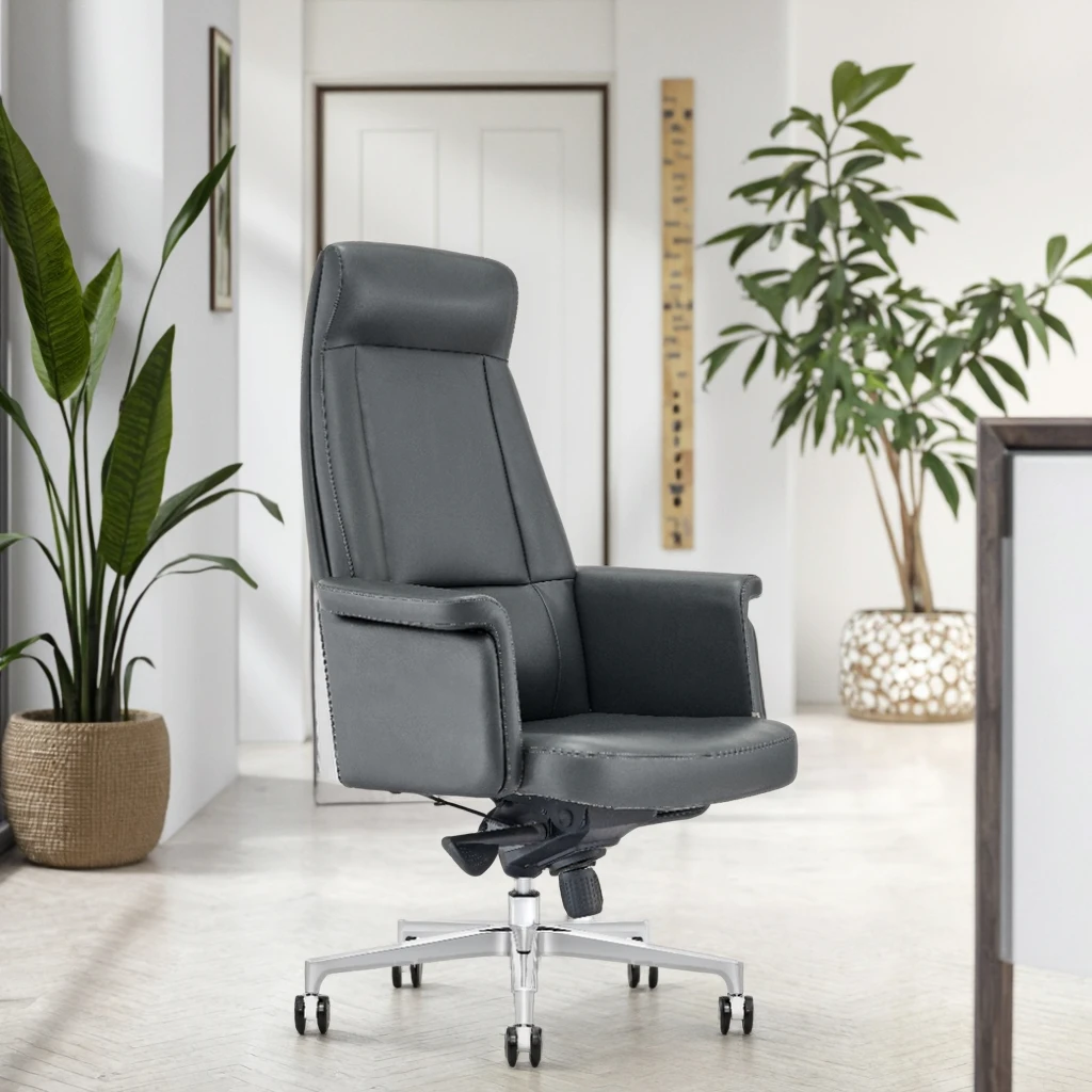 Top Grain Leather Executive Chair Frosted Alloy Base Quadruple Locking Mechanism High-End Decor 6
