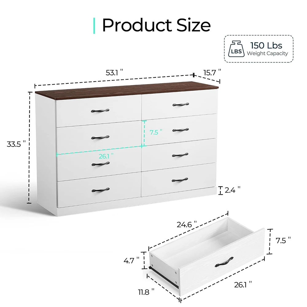 product nu deco 8 drawer modern wood dresser with metal handles 54 wide tv stand  large drawer organizer white-1