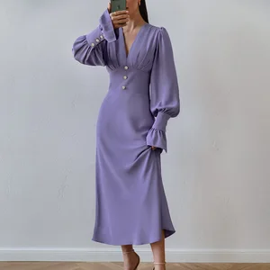 Elegant French Lantern Sleeve Chiffon Dress for Women Cinched Waist Texture Purple A-line Dress Wholesale