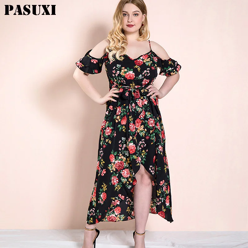 PASUXI Good Reputation Chiffon Digital Print Women Maxi Dress Long Sleeve Plus Size Party Dresses