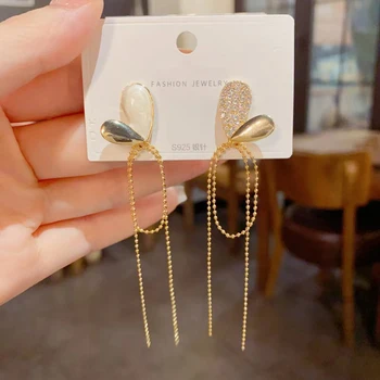Classic Needle Tassel Asymmetrical Heart-Shaped Copper Gold-Plated Fashion Dangle Earrings Ladies Wholesale Wedding