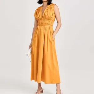 Clothing Manufacturer Custom Spring Summer Yellow v Neck Sleeveless Tunic Cotton Poplin Women Midi Dress