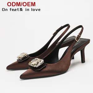 1208-38Dress Shoes Women Pointed Toe High Heels Slingback Sandals Rhinestone Decoration Sandals with Straps Trend Sandals