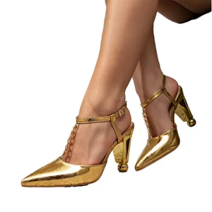 QLFashion Women's Gold High Heel Sandals Party Shaped Fashionable Pointed Metal Chain PVC Insole Button Closure Summer Style
