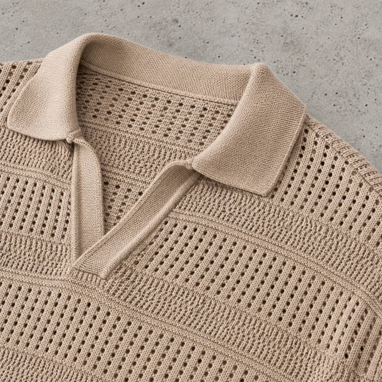 Custom Mens Hollow Knit Top Beige Short Sleeve Textured Openwork Loose Fit Retro Casual OEM Supplier Men Polo Shirts gallery 3