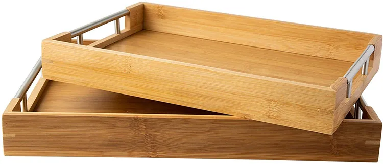Bamboo Handmade Wood rectangular Serving Tray with metal handle