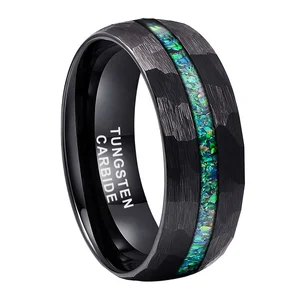 Coolstyle Jewelry 8mm Engagement Wedding Band for Men Women Crushed Green Opal Inlay Hammered Black Tungsten Carbide Ring