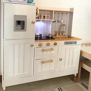 Children Wooden Role Play Simulation House White Sound-Light Kitchen Set Educational Pretend Kitchen Play Set Toys for Kids