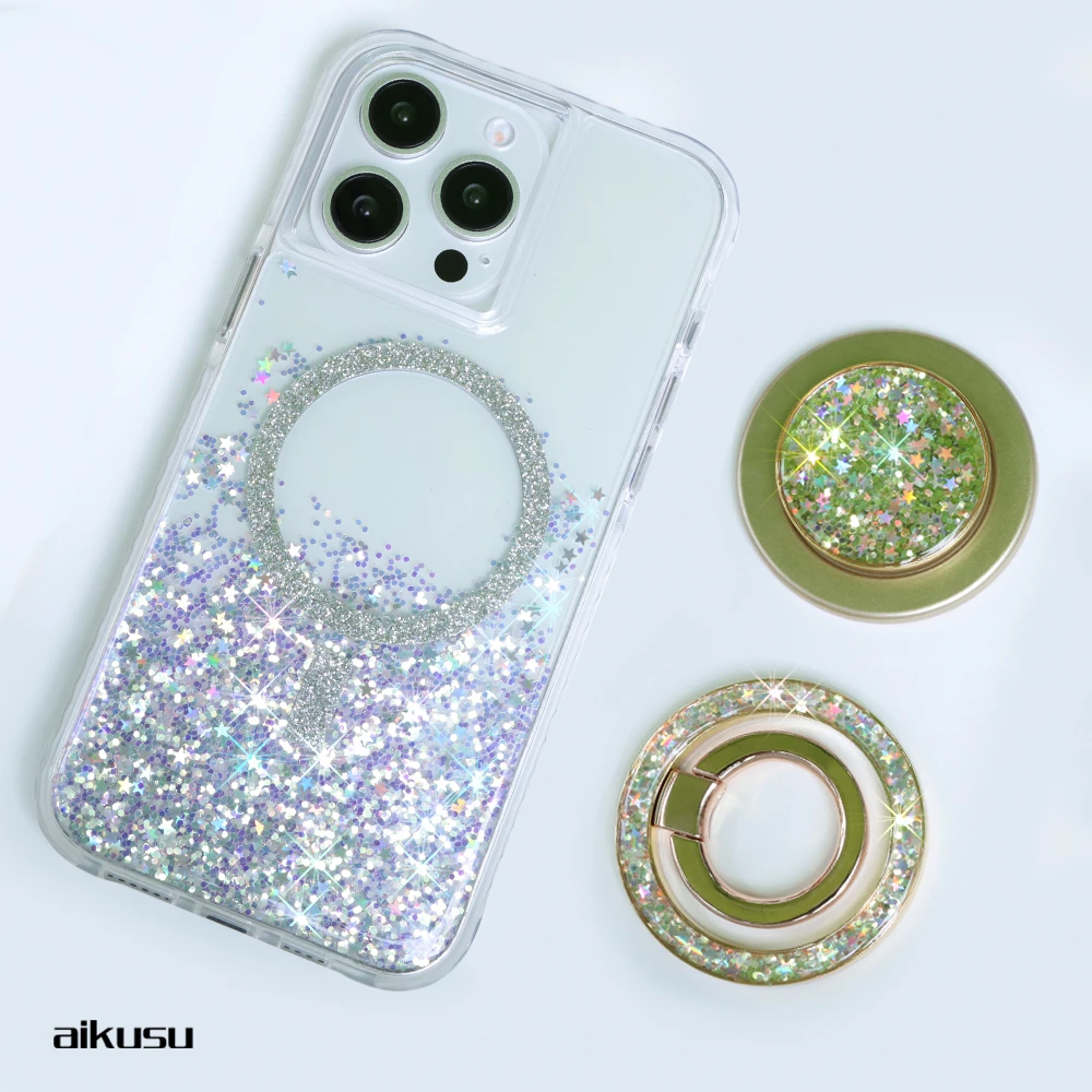 Customized Gold Personalized Universal Mobile Phone Ring Glitter Magnetic Phone Ring Holder for Iphone Grip Kickstand