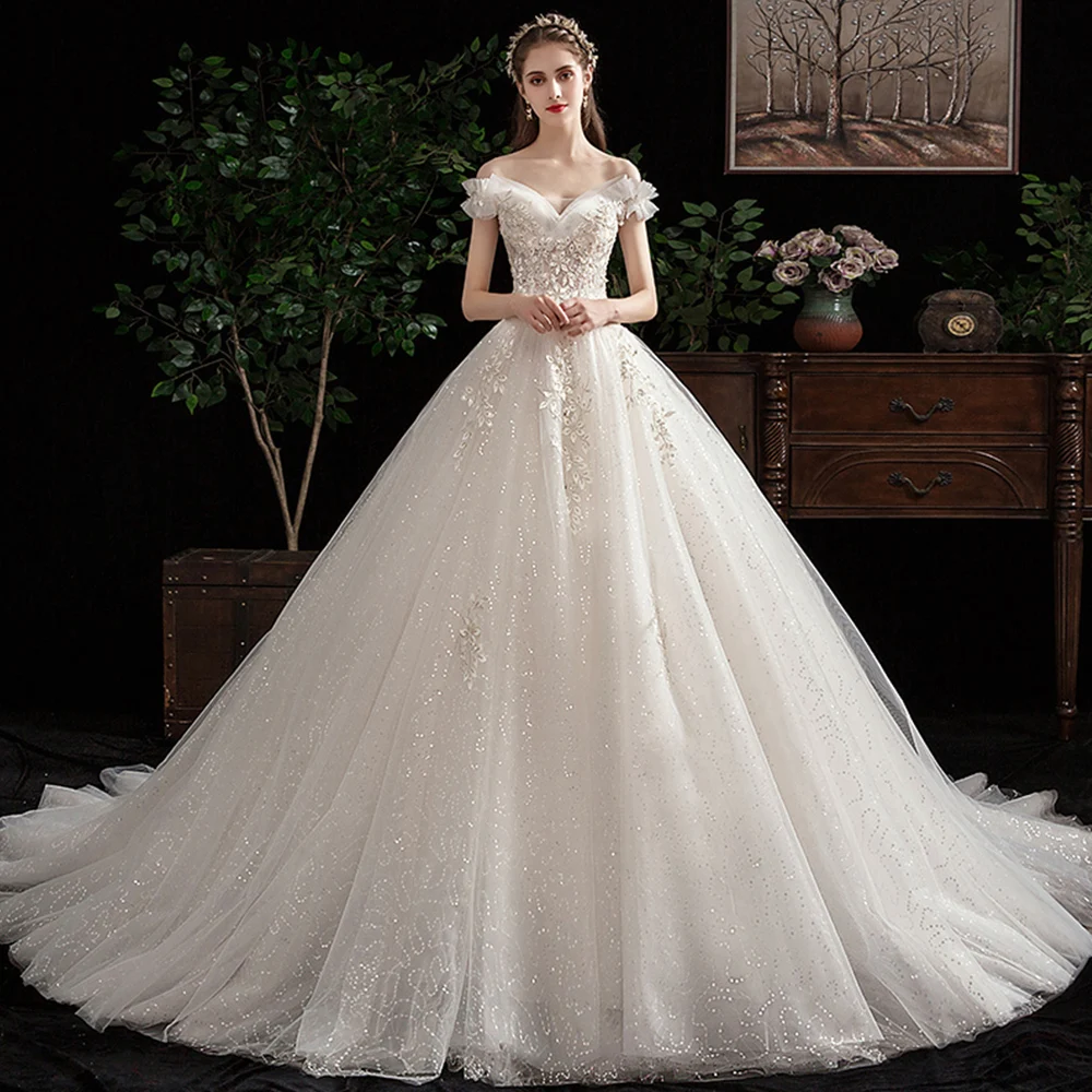 Flowers Beading Sequined Shiny Wedding Dresses Aliexpress Login Vestido de Noiva Lace Up Short Sleeve Princess Bridal Gowns