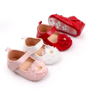 Spring and Autumn Pure Color PU Leather Veil Rhindiamonds Flower Princess Walking Shoes for Baby Girls