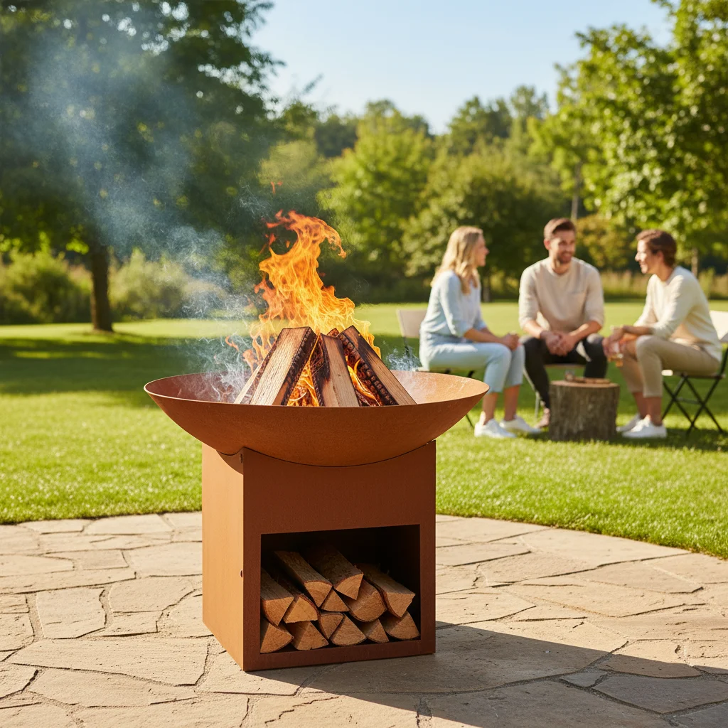 Modern Rustic Steel Outdoor Fire Pit with Built-in Log Storage Square ...