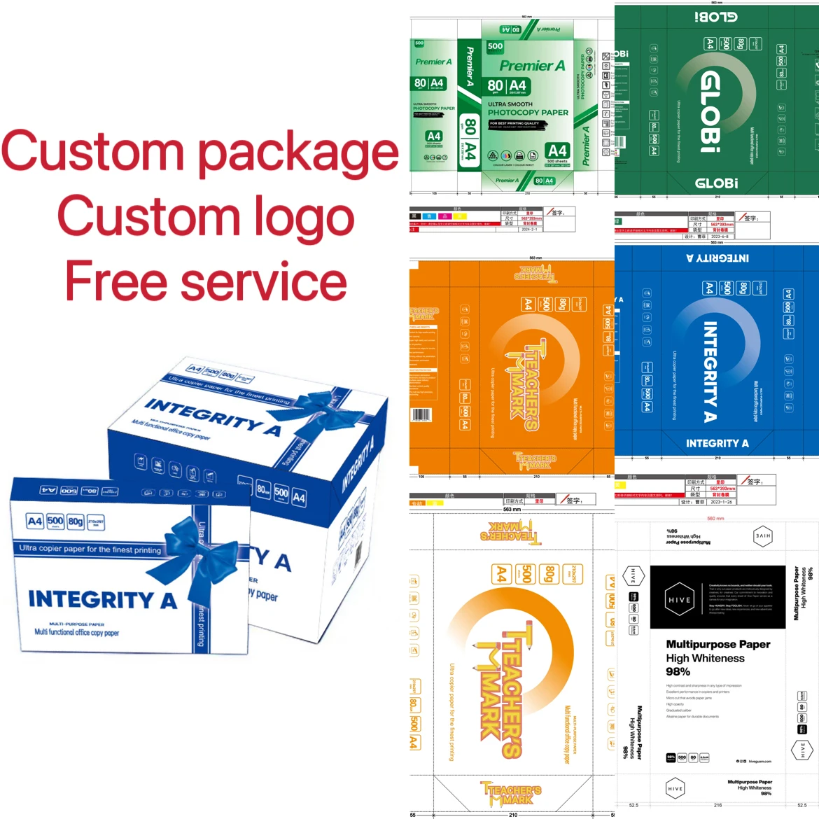 Free Custom Service Low MOQ Factory Wholesale 80GSM Printing Paper A4 Specification 75GSM 70GSM Office Copy Paper