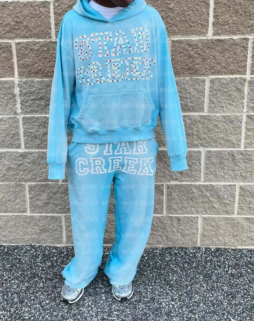 Salati Custom Flared Sweatpants and Hoodie Set Unisex 500 GSM Oversized Acid Wash Rhinestone Sweatsuits Baggy Tracksuits for Men gallery 4