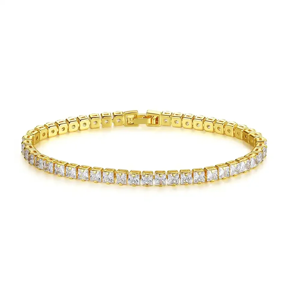 Fashion 3mm Square Cut Tennis Bracelet Clear CZ Stone Real Gold Plating Women Jewelry