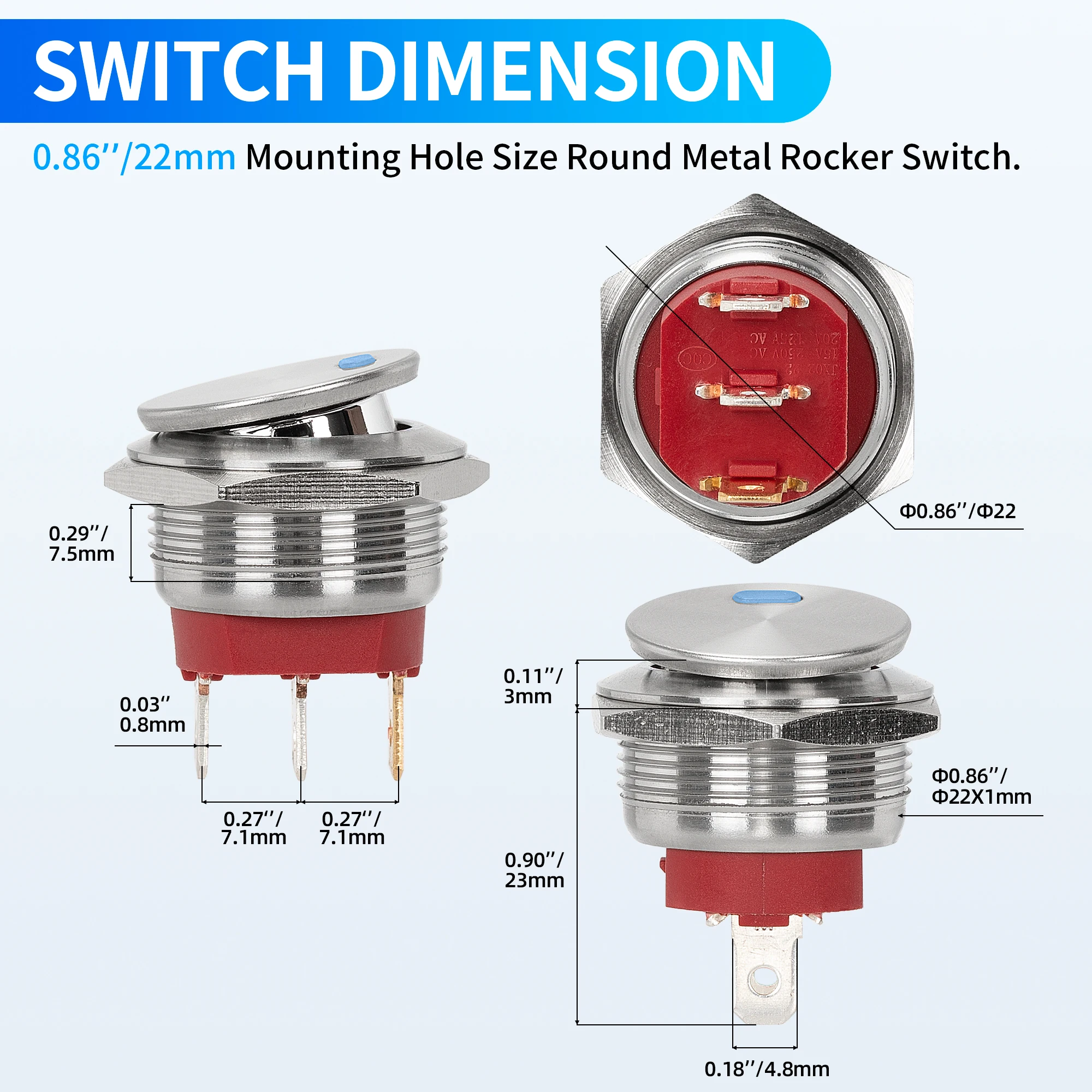 22MM on Off Metal Rocker Switch 12V 20A Stainless Steel Round Button 3 ...