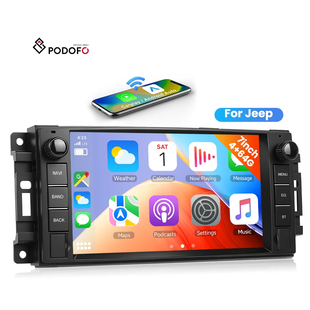 Podofo 7 Inch 4+64GB Android Car Radio for Jeep Wrangler Compass Grand Cherokee With Carplay & Android Auto GPS WiFi BT FM RDS A4689