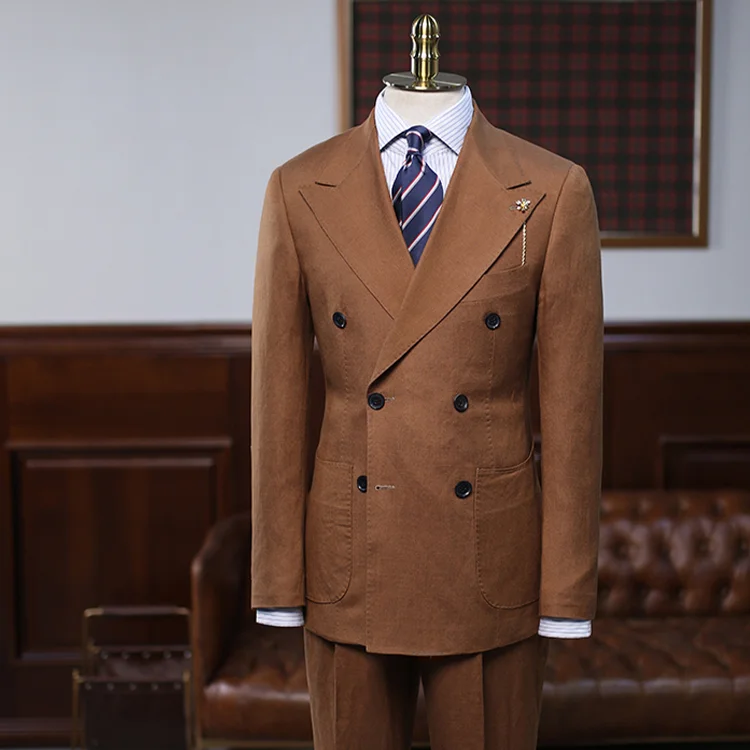 Retro Style Plain Linen Cotton Blend Double Breasted Wide Peaked Lapel 2-Piece Men's Suit