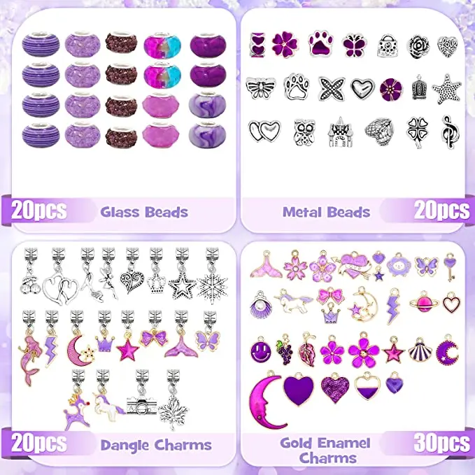 162 Pcs Charm Bracelets Kit With Beads And Jewelry Charms,Purple