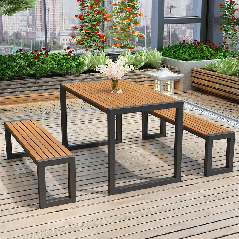 JXT Plastic Wood Outdoor Tables and Chairs Garden Terrace Negotiation Tables and Chairs Iron Bench Outdoor Table