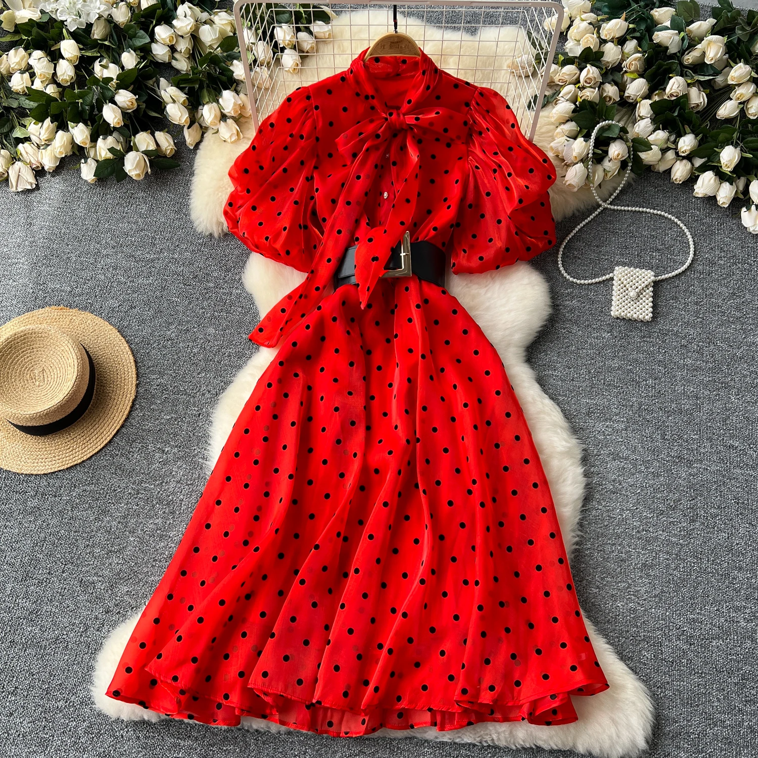 red black polka dot dress Vintage 50s 60s Red and Black Silk Blend Abstract Polka Dot Fit n Flare Dress with Attached Front Bow Fits Sizes XS main image 0