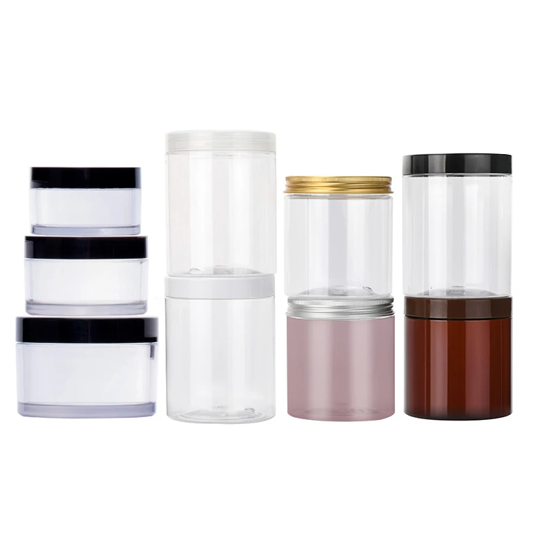 Wholesale Food Grade 100g 120g 150g 200g 250g 300g 400g 500g 4/8oz Amber Clear PET Plastic Jar With Aluminum Plastic Screw Lids