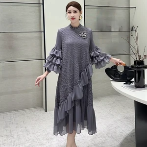 Soft Wind Collar Three-dimensional Flower Decorated Dress Asymmetrical Ruffled Trumpet Sleeves Pleated Dress