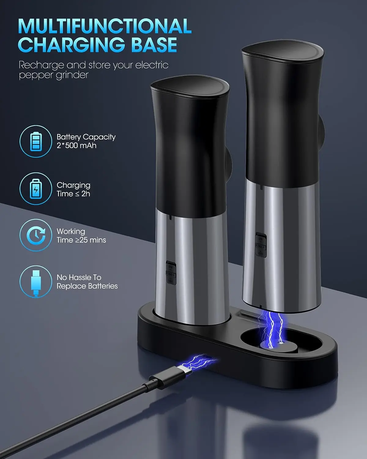 Gravity Electric Salt and Pepper Grinder Set - USB Rechargeable