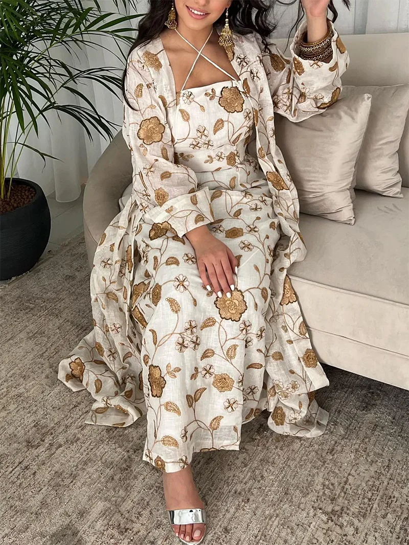 Custom Oem Arab Kuwait Two Piece Sets Floral Print Imitation Linen