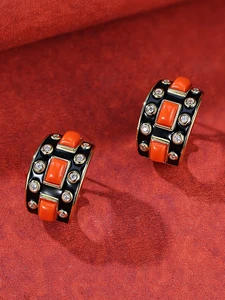 Trendy Vintage Fashion Clip-on Earrings for Women Gift-Worthy Brass Zircon with Platinum Plating and Exquisite Enamel Design