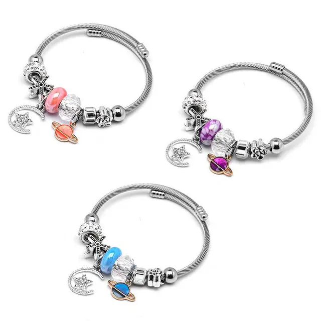 High quality silver plated stainless steel Planet charm bracelet large hole beads moon and star pendant bracelet for women