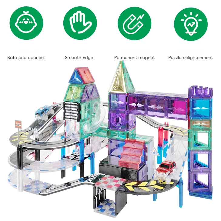 MNTL Magnetic Building Blocks Race Track 101pcs UV Printing Adventure Car Racing Track Toys for Kids