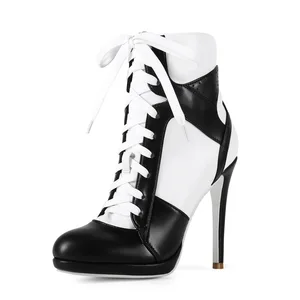 BUSY GIRL XY9132 Women Black & White Patchwork Ankle Boots with Skinny Heel Gold Round Toe Ankle Boots Classic Winter Shoes