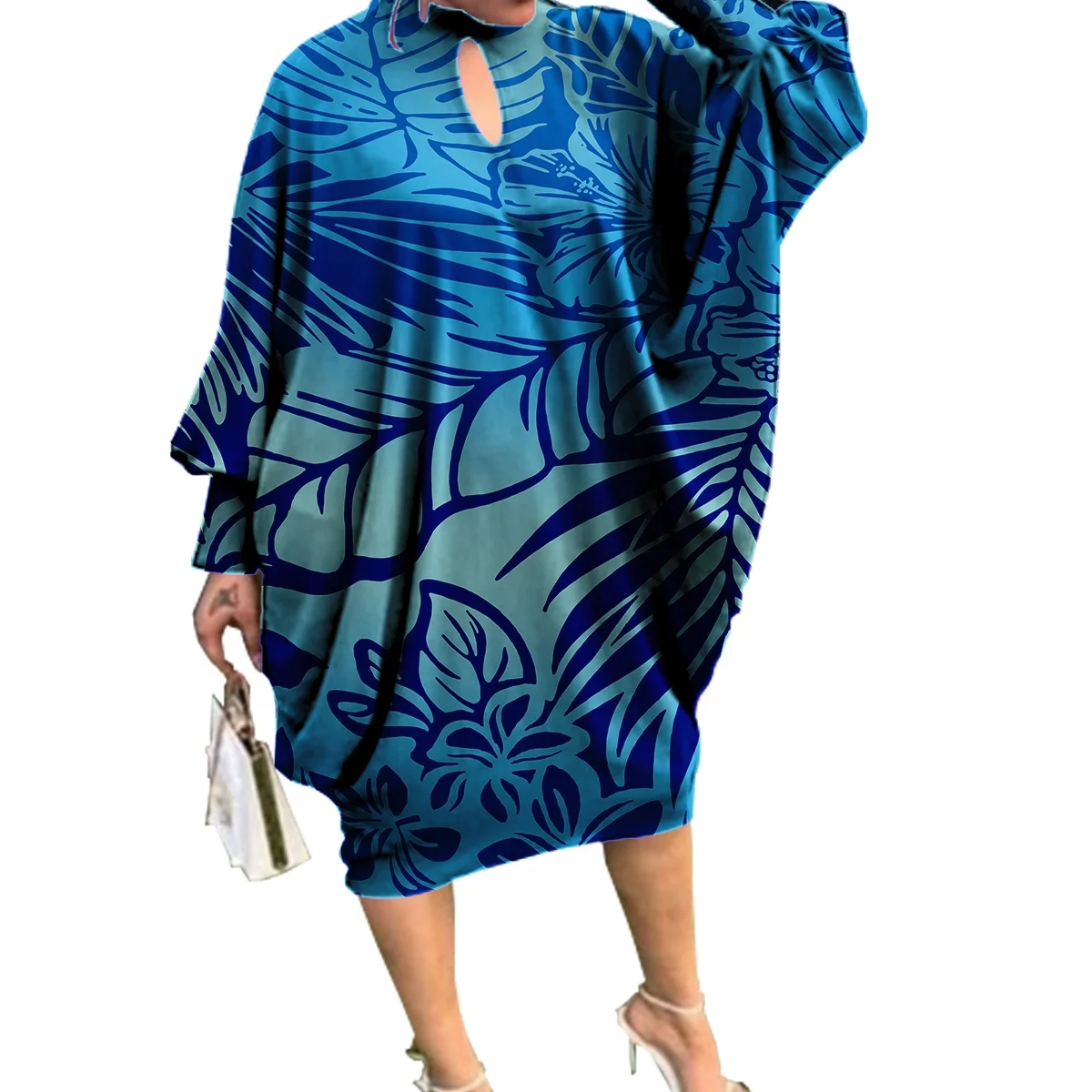 New Arrivals 2023 Navy Blue Hibiscus Flowers Plus Size Kaftan Dress  Hawaiian Polynesian Tribal Design Fashion Women Dress