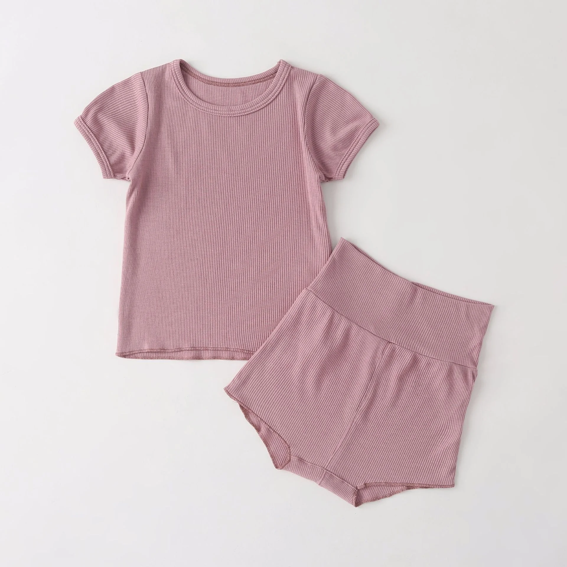 Искусственный шёлковый спандекс ребристая Трикотажная футболка с коротким рукавом и короткие штаны с высокой талией в стиле унисекс для маленьких, детская одежда