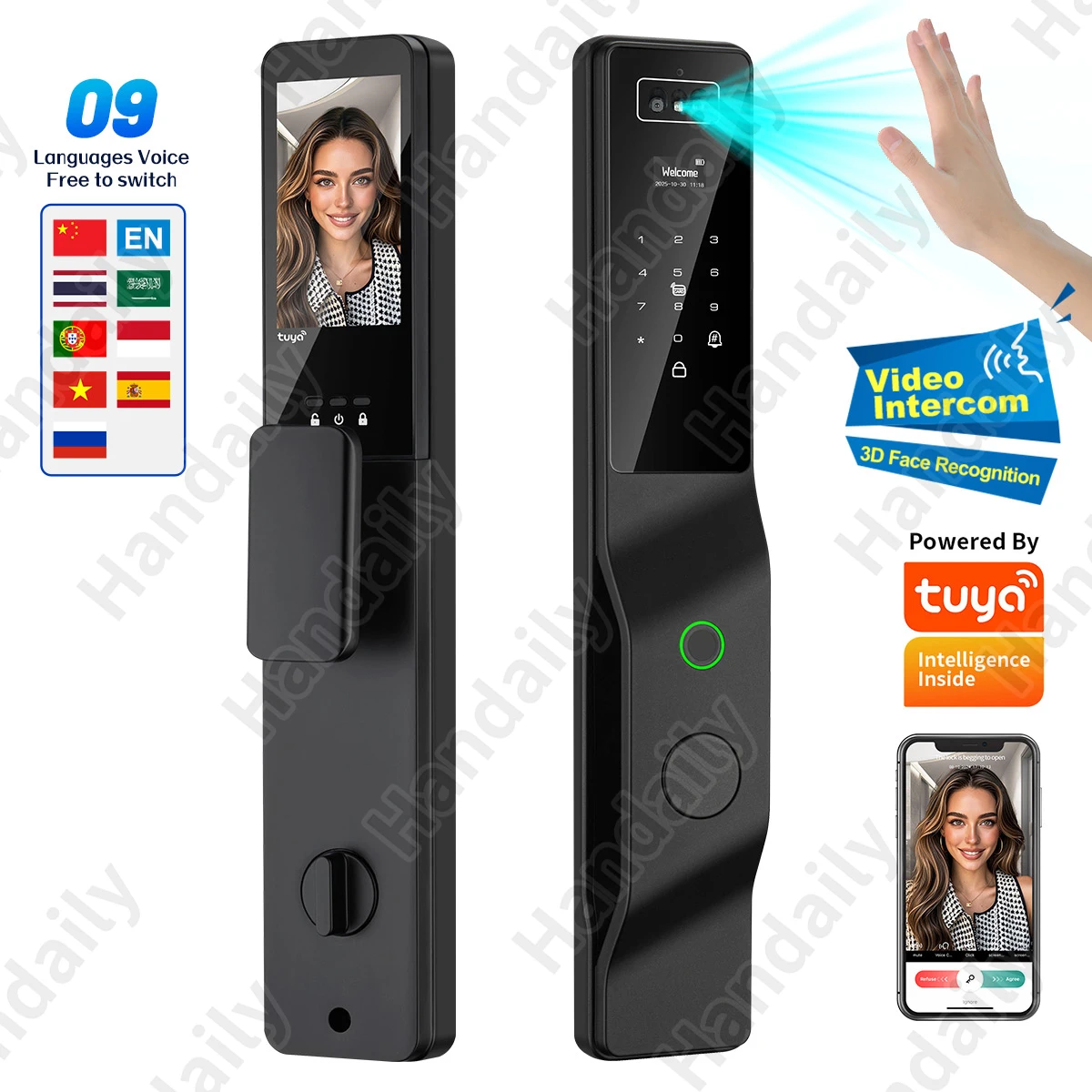 HanDaily Palm Vein Tuya Wifi Door Lock 3D Biometric Face ID Video Monitoring Intercom Digital Electronic Locks for Front Door DDL9